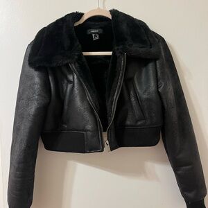 Forever 21 Black Faux Leather Jacket with Fur Collar